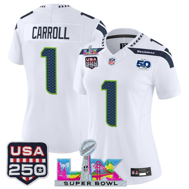 Women's Seattle Seahawks #1 Pete Carroll White 2025 F.U.S.E. Super Bowl LX Patch And 50th Season & USA 250' Patch Vapor Limited Football Stitched Jersey(Run Small)
